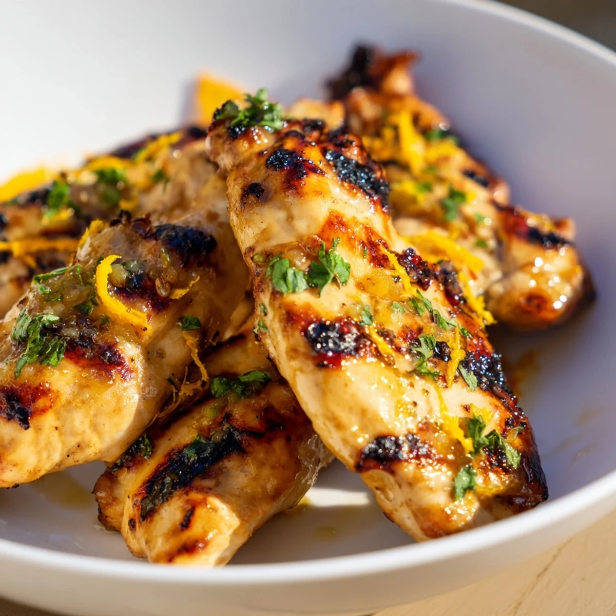 Sizzling citrus garlic grilled chicken skillet with a golden caramelized glaze and fresh parsley garnish