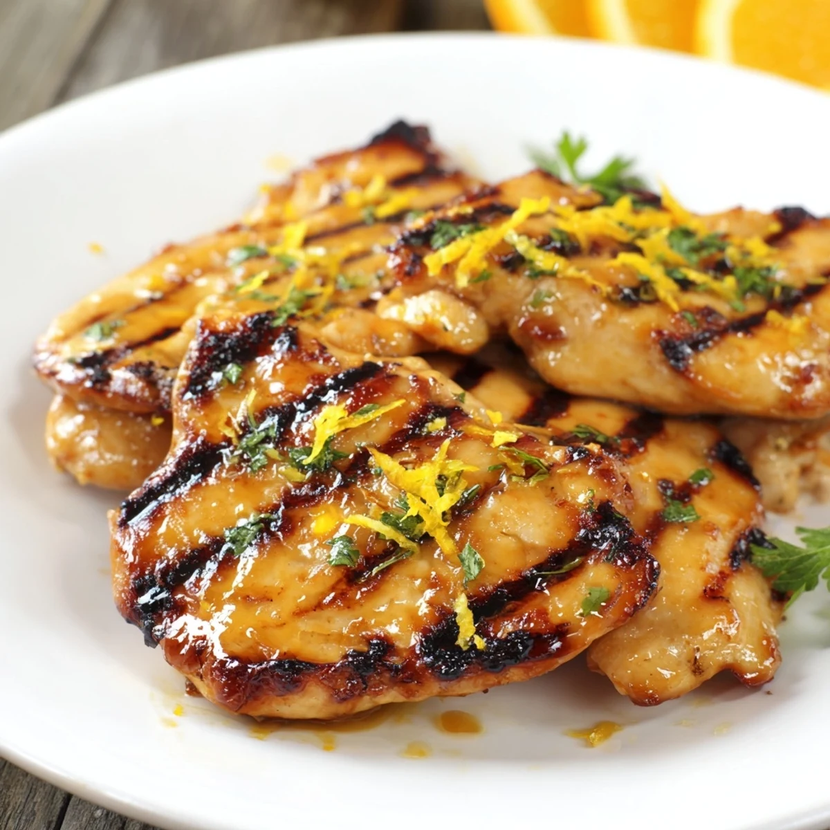 Juicy grilled chicken breasts glistening with tangy citrus garlic glaze in a cast iron skillet