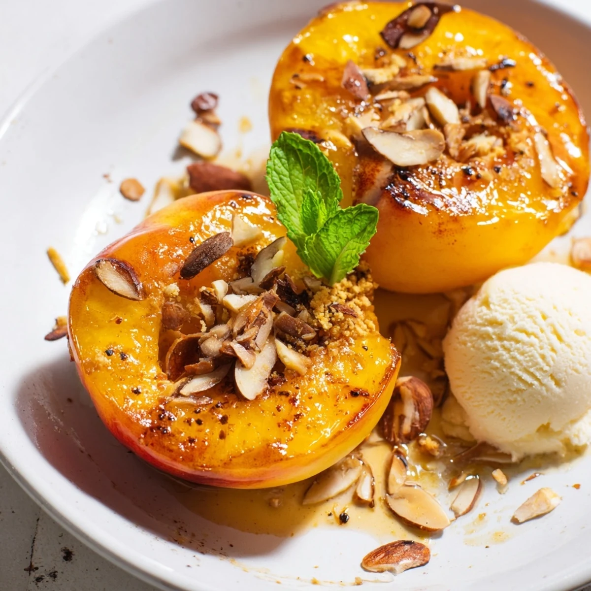 Golden vanilla bean baked peaches glistening with honey butter in a warm baking dish