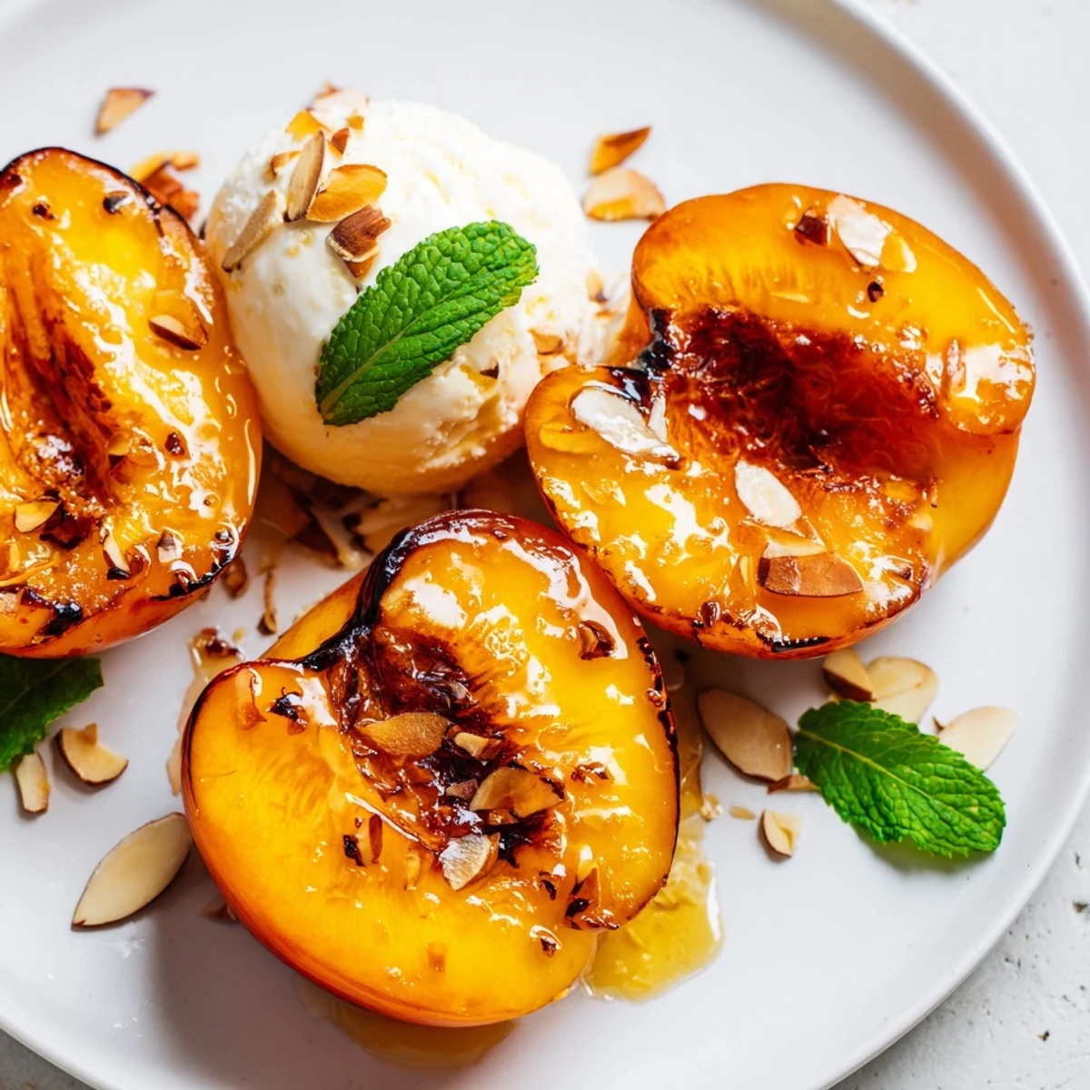 Tender baked peaches topped with creamy vanilla ice cream and fresh mint leaves
