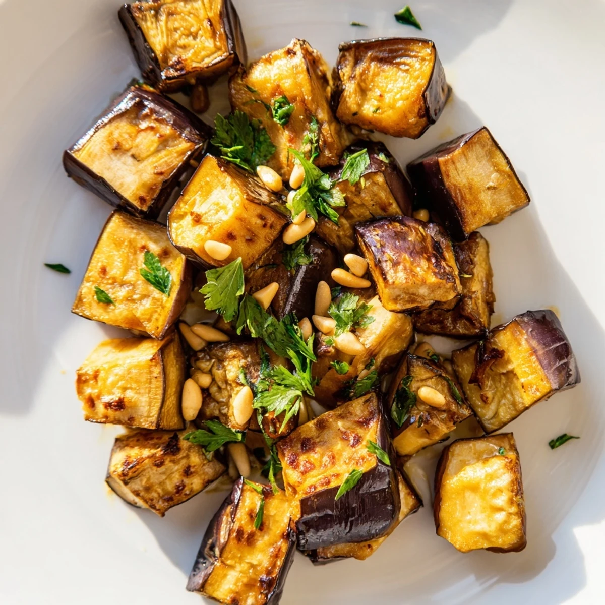 Golden smoky roasted eggplant cubes with crispy edges on a parchment-lined baking sheet fresh from the oven