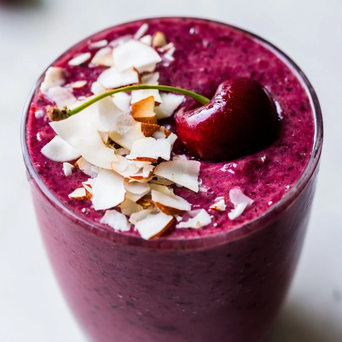 Creamy cherry almond coconut smoothie in a glass topped with fresh cherries and toasted coconut flakes