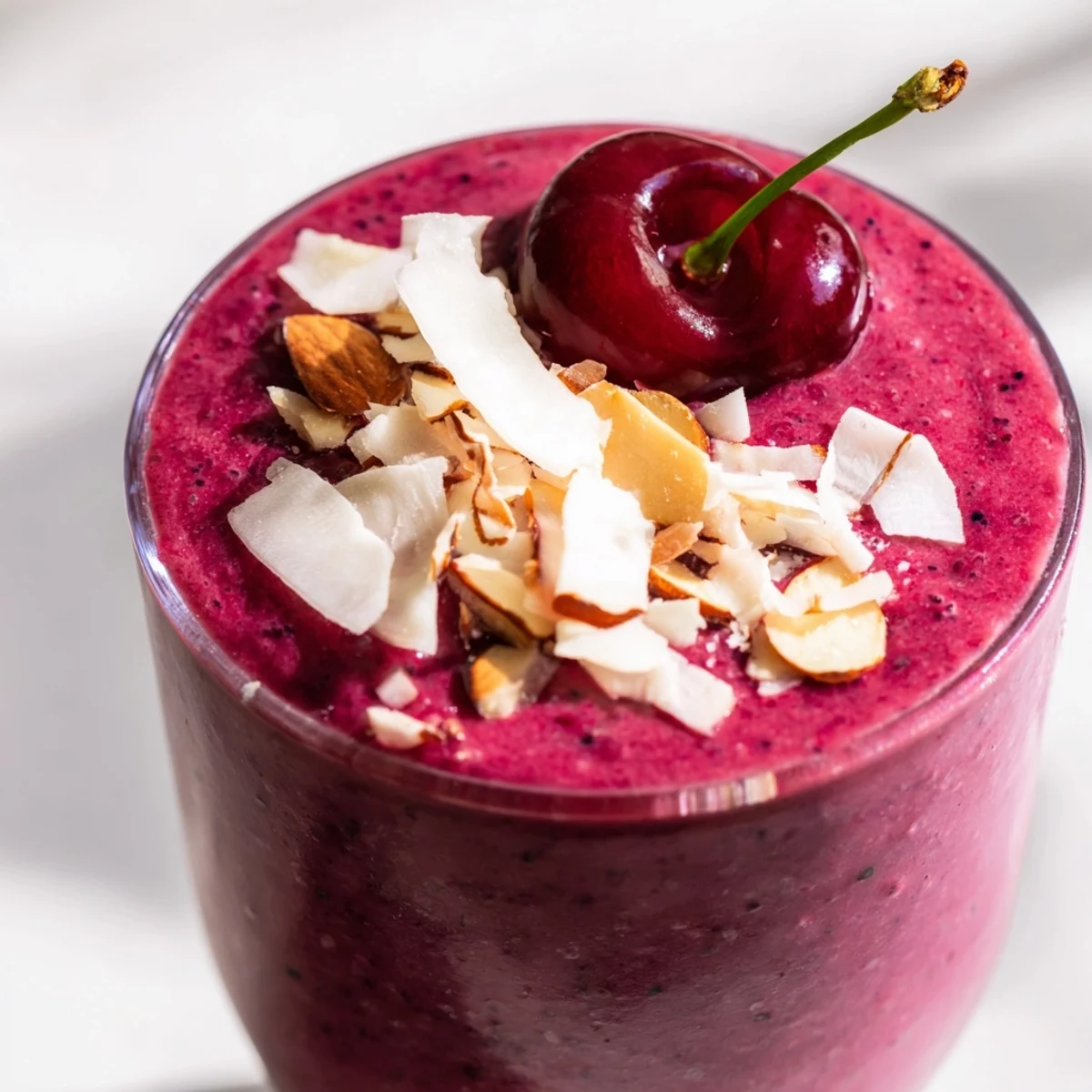 Vibrant pink cherry almond coconut smoothie garnished with sliced almonds and sprinkled coconut shreds