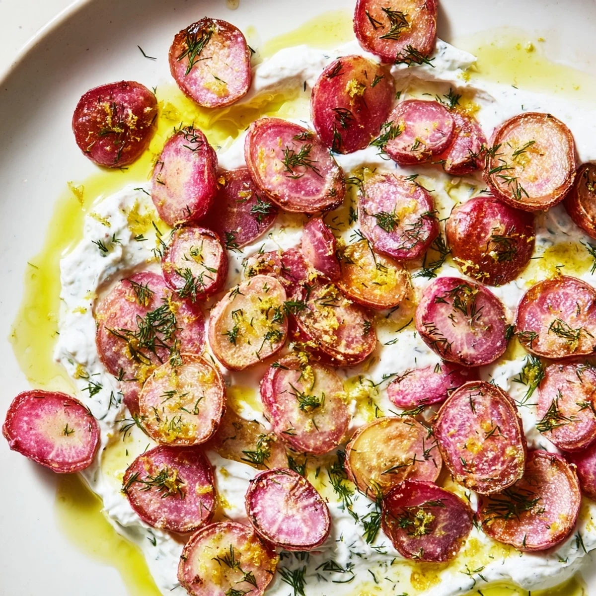 Golden roasted radishes with herbed yogurt in a creamy, vibrant green sauce on a rustic platter.