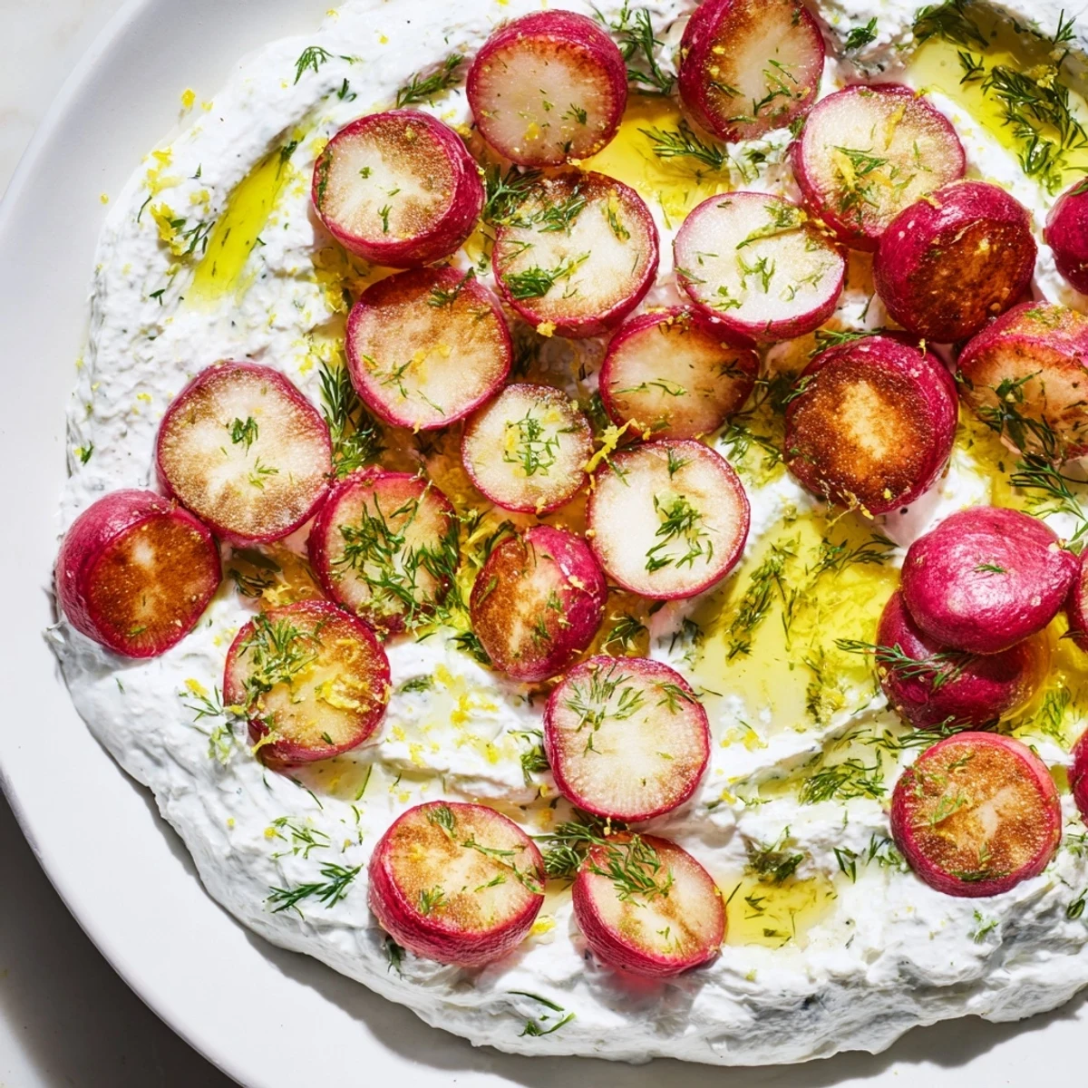 Tender caramelized roasted radishes arranged on smooth herbed yogurt with fresh dill and a drizzle of olive oil.