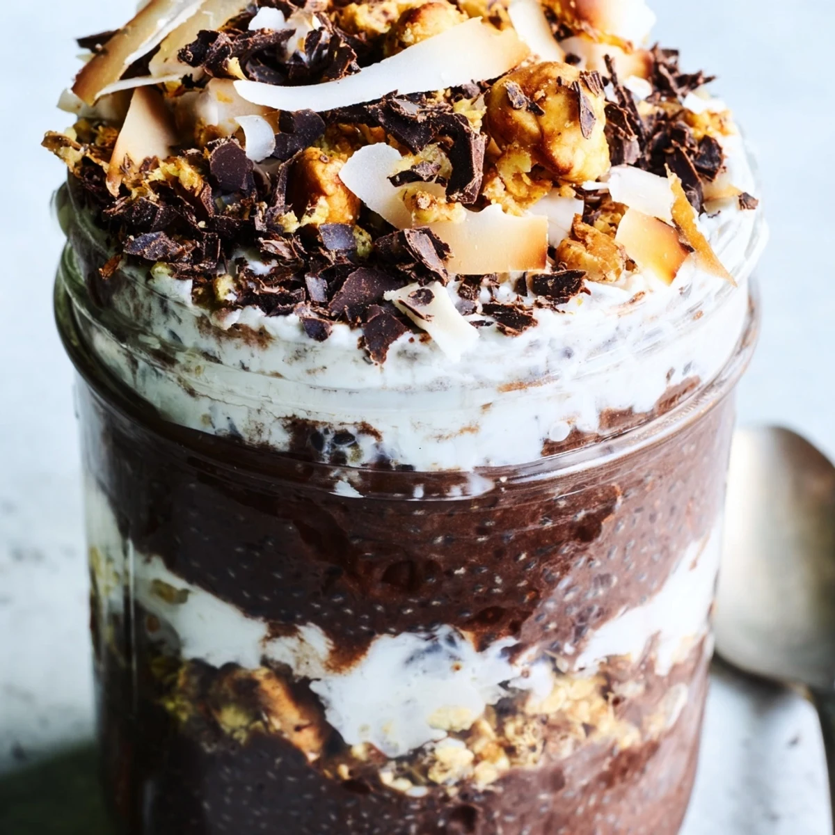 Creamy cocoa hazelnut coconut chia parfait layered in a glass with chocolate shavings
