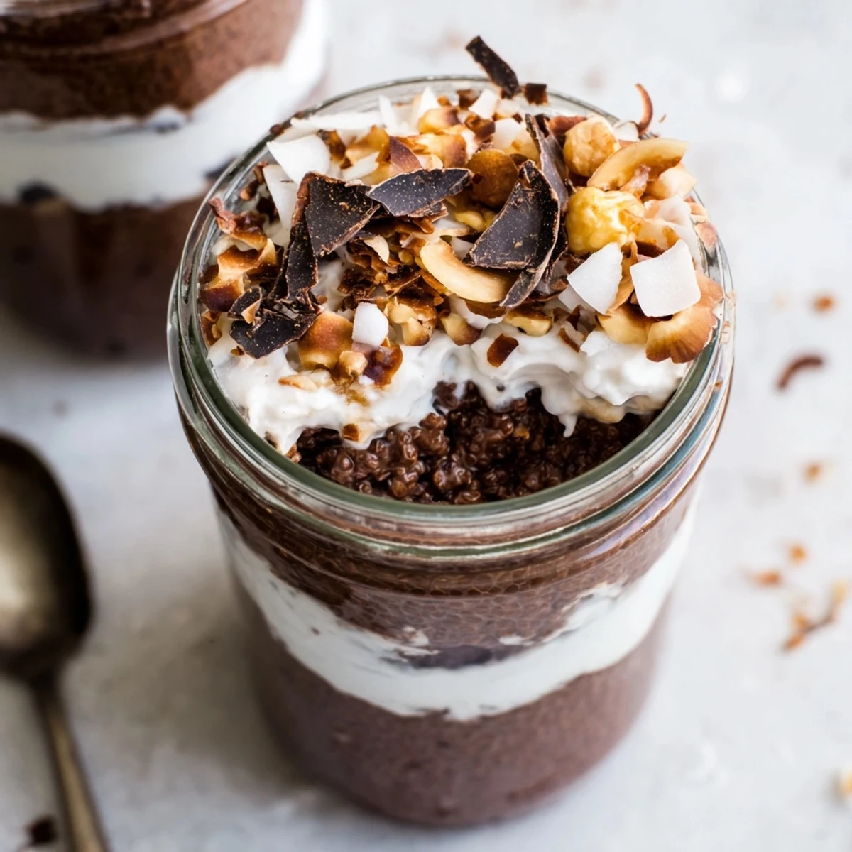 Rich chocolate chia pudding parfait topped with toasted hazelnuts and coconut flakes