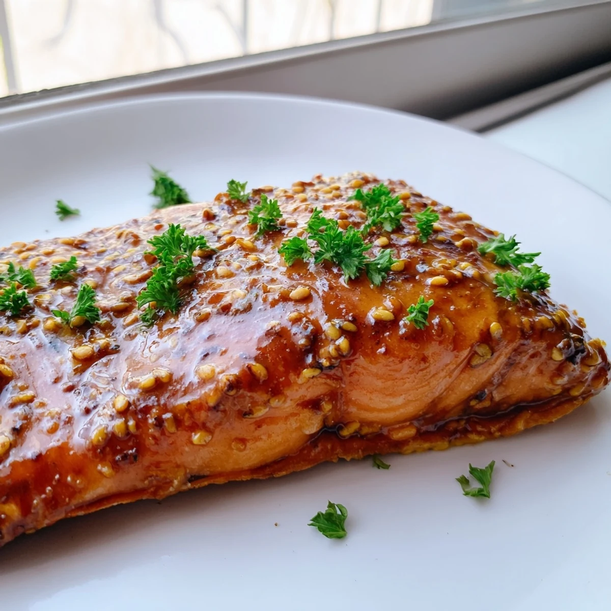 Golden honey mustard glazed salmon fillet glistening with sweet tangy glaze on a white plate