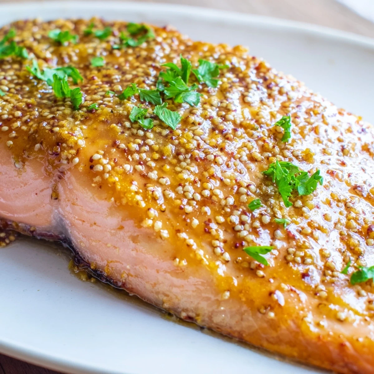Baked honey mustard glazed salmon topped with fresh parsley and bright lemon wedges
