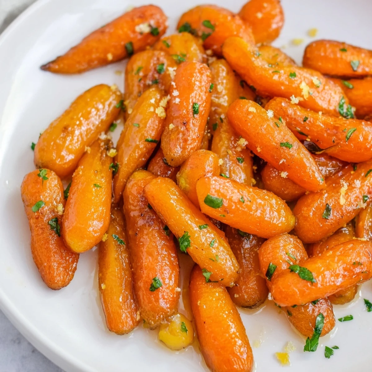 Glossy roasted baby carrots with citrus glaze caramelized on a parchment-lined baking sheet