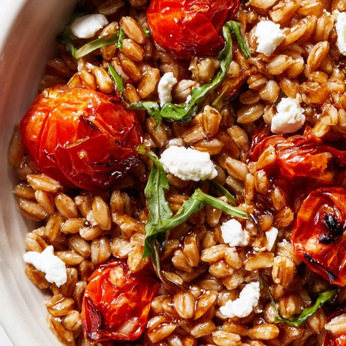 Warm farro and roasted cherry tomato salad served in a rustic white bowl with fresh basil garnish
