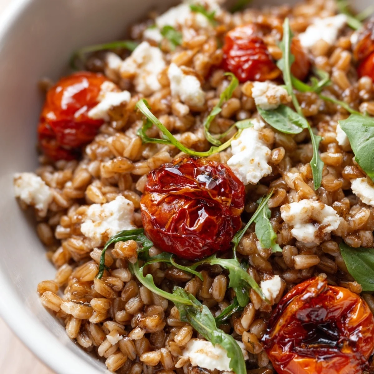 Nutty farro grains mingled with caramelized roasted tomatoes and peppery arugula in this vibrant Mediterranean salad
