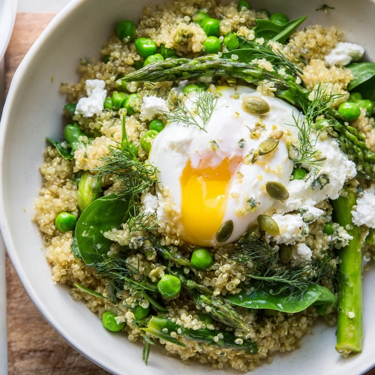 Savory Asparagus and Pea Quinoa Breakfast Bowl topped with a runny poached egg and crumbled feta