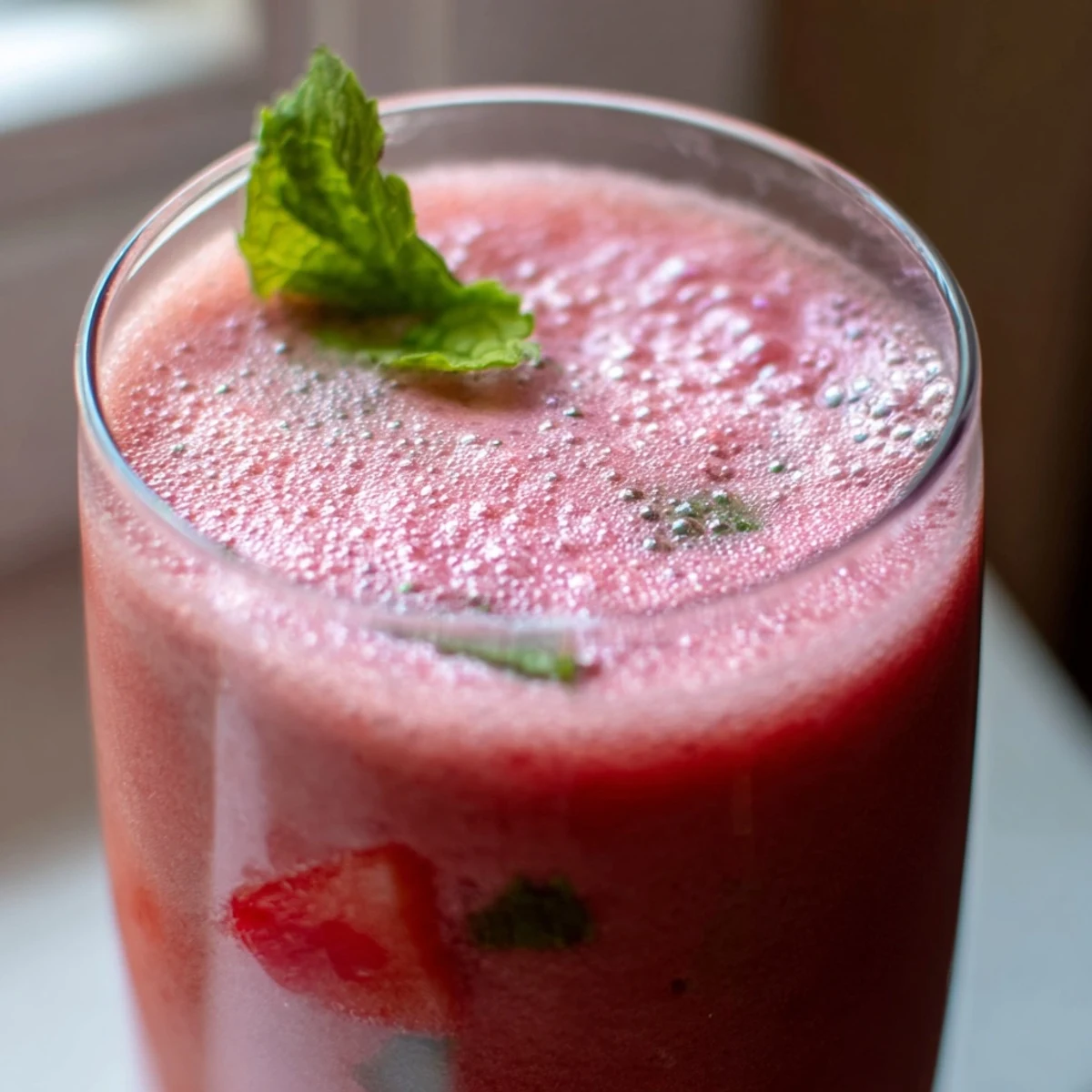 Pink watermelon strawberry mint smoothie in a glass garnished with fresh mint leaves and strawberry slices