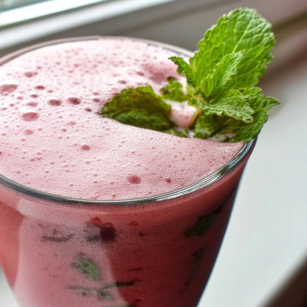 Refreshing watermelon strawberry mint smoothie topped with ice and served in a chilled summer beverage glass