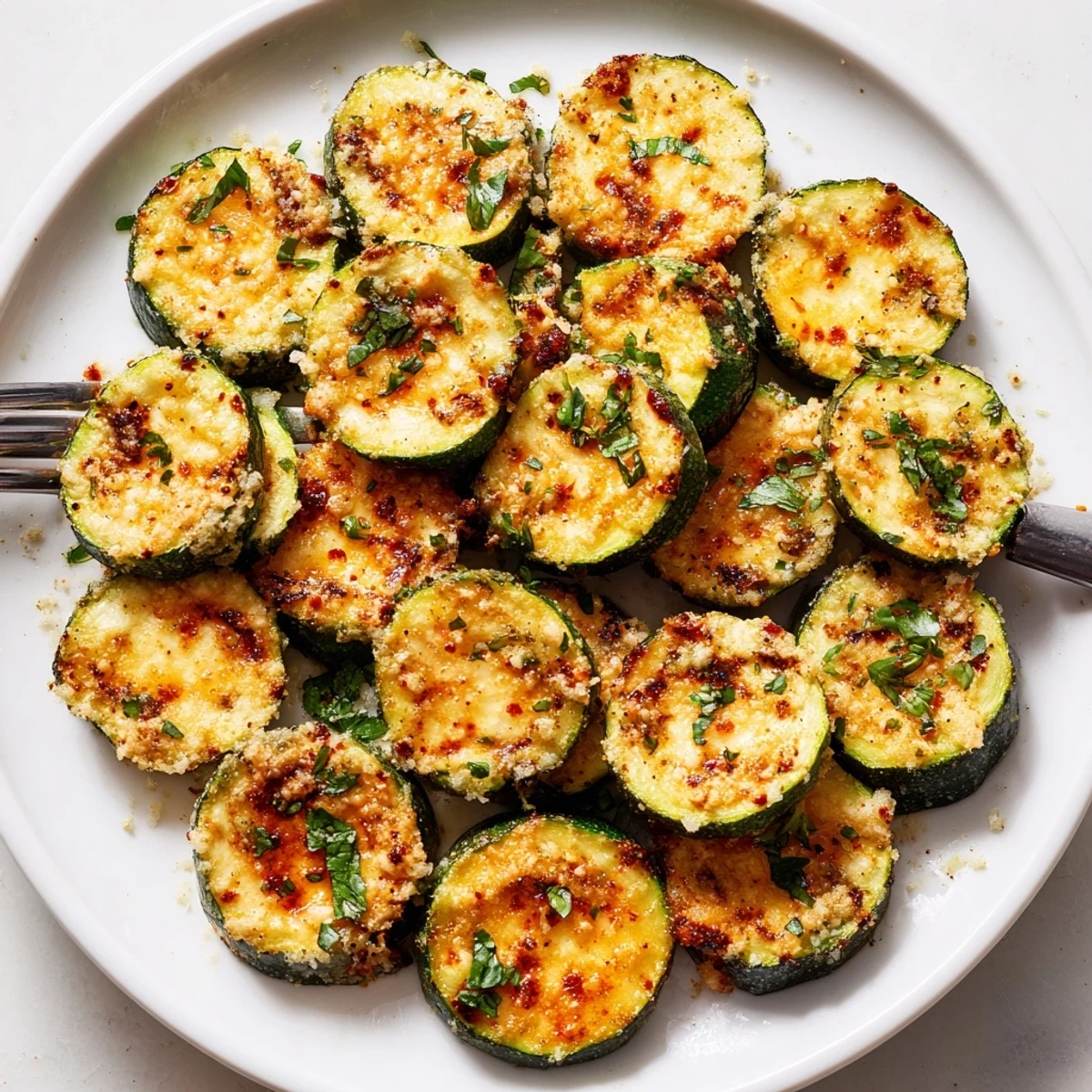 Golden Smoky Roasted Zucchini Rounds arranged on a baking sheet with crispy charred edges