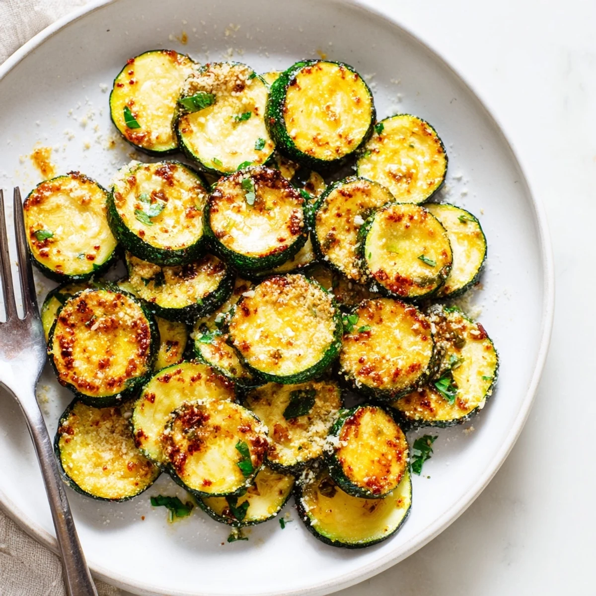 Smoky Roasted Zucchini Rounds topped with fresh parsley and grated Parmesan cheese