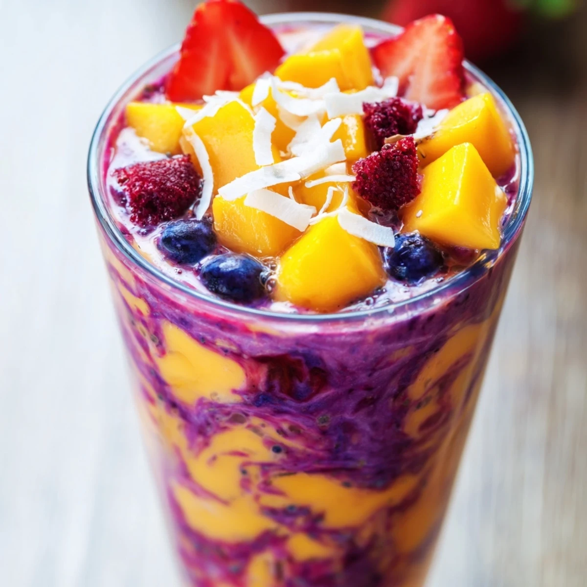 Creamy mango berry coconut smoothie in a glass topped with fresh fruit