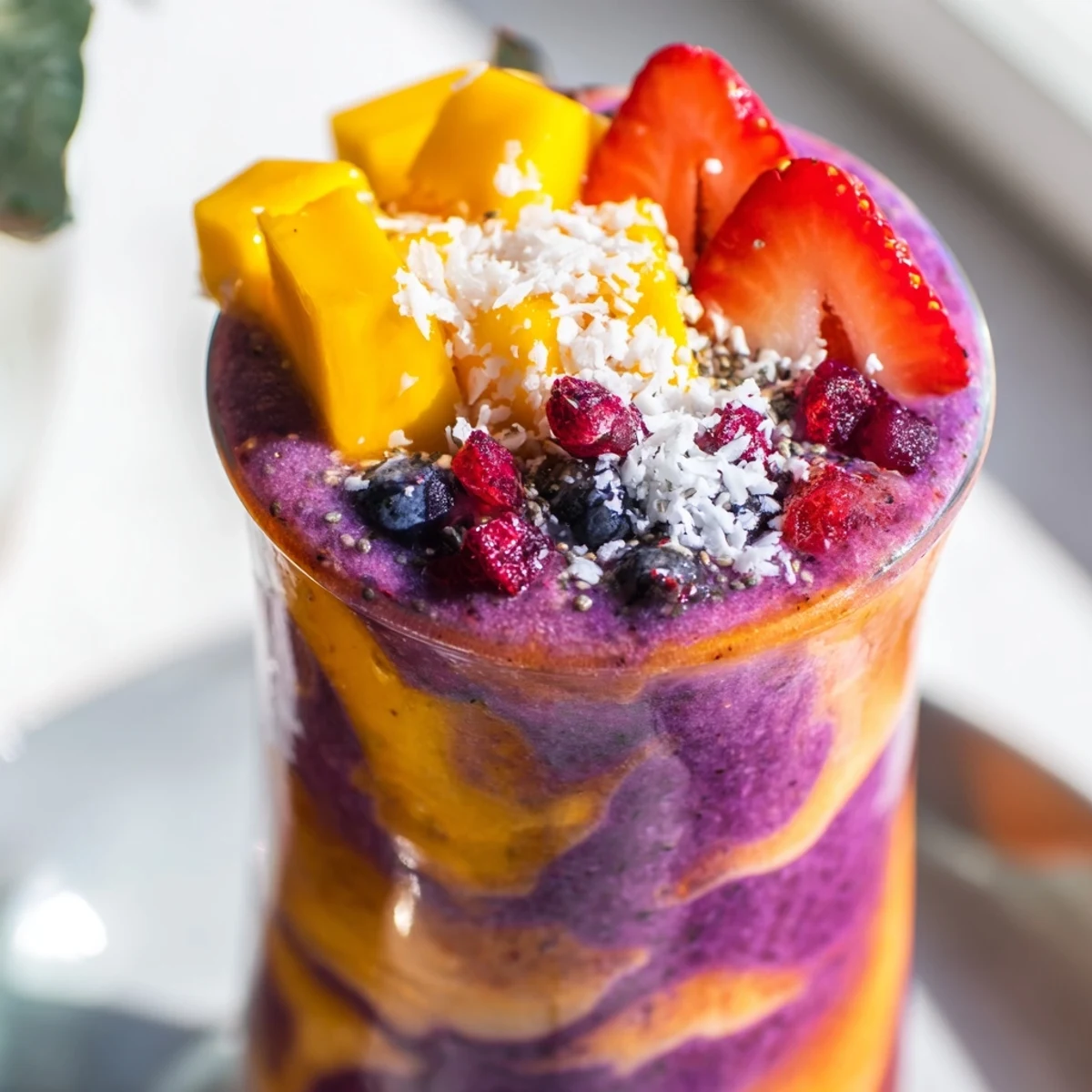 Thick mango berry coconut smoothie garnished with chia seeds and berries