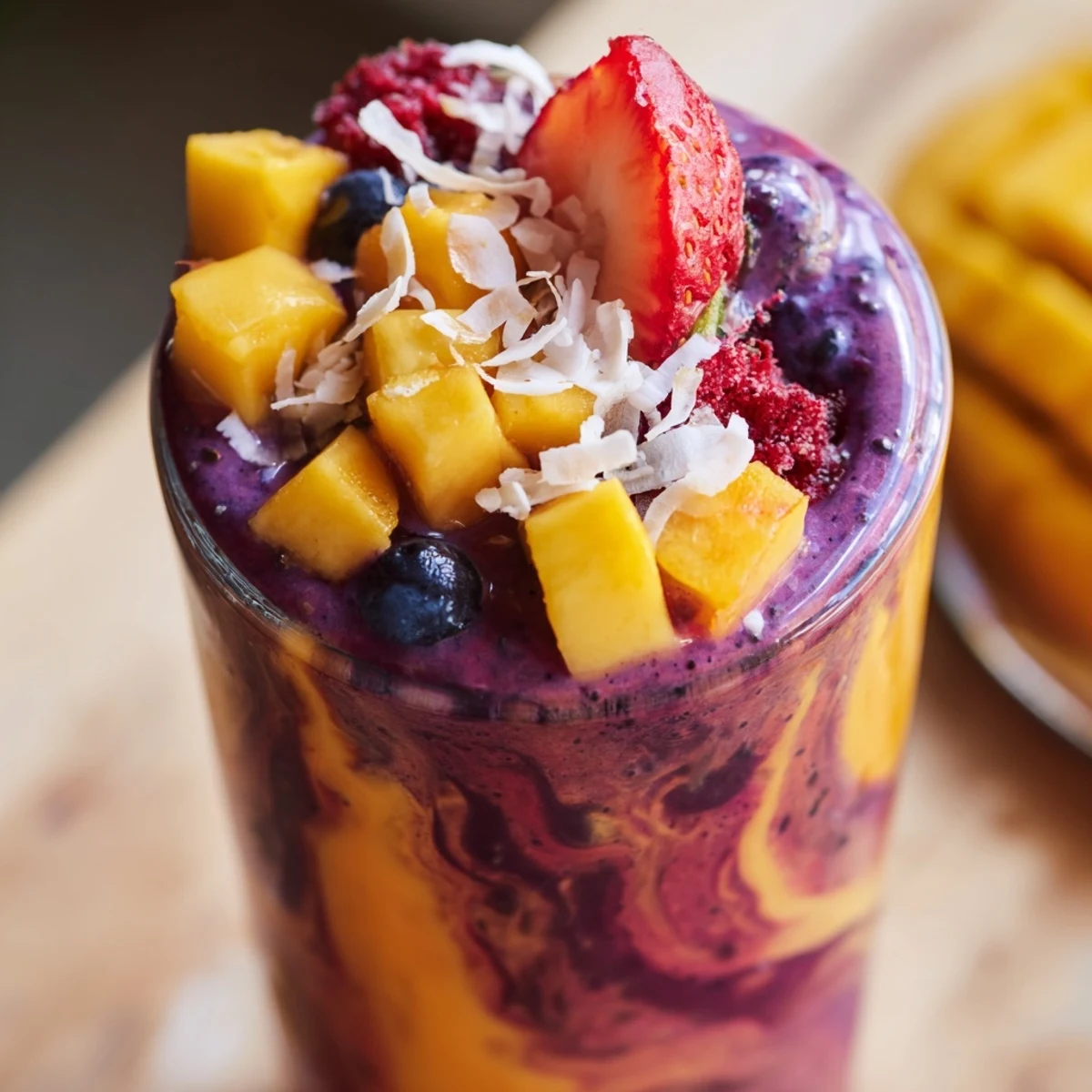 Bright purple mango berry coconut smoothie poured into two tall glasses