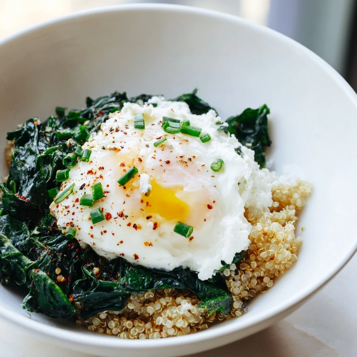 Spinach and Ricotta Quinoa Breakfast Bowl topped with a golden runny yolk and fresh green garnish