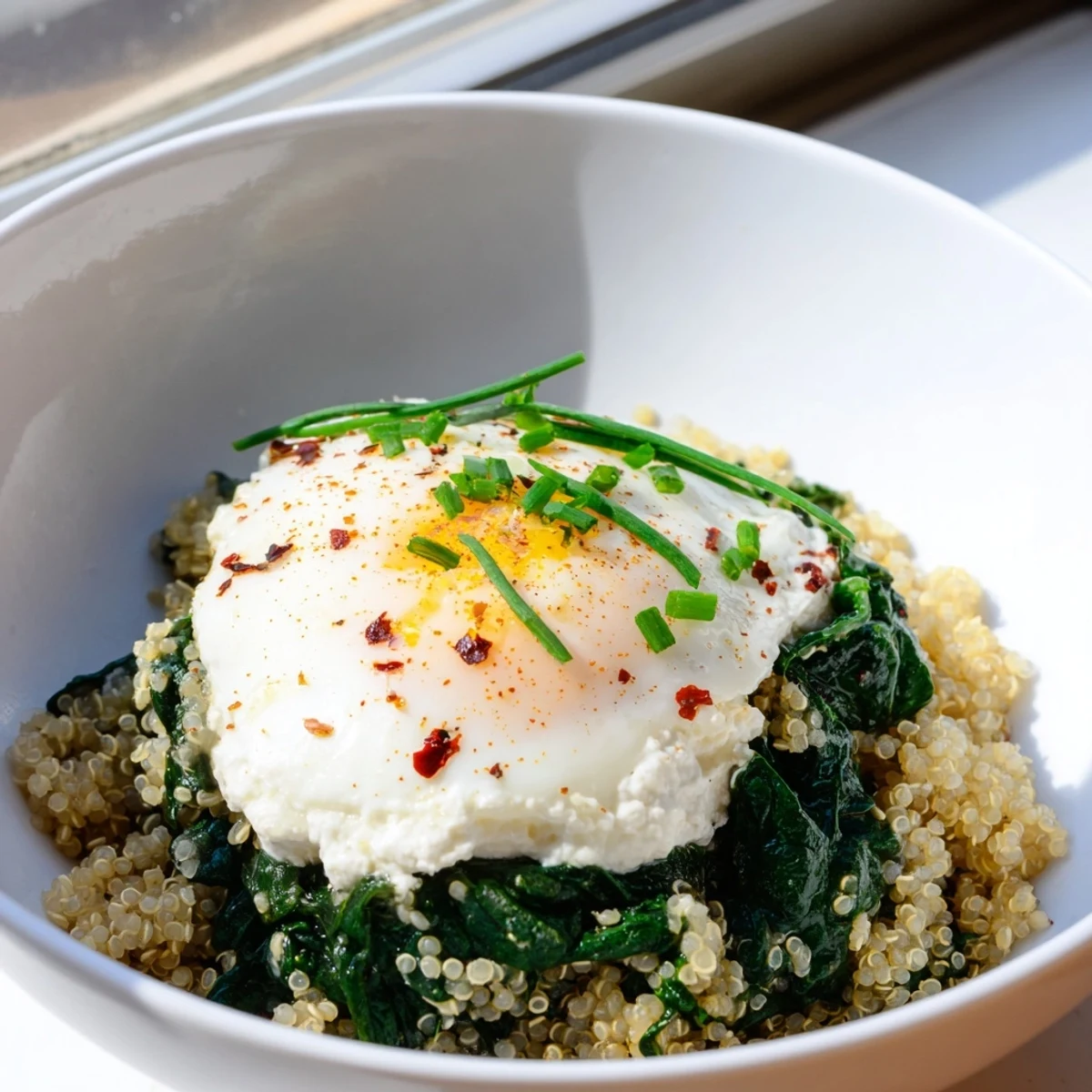 Creamy ricotta and wilted greens served over fluffy quinoa with a perfectly fried egg
