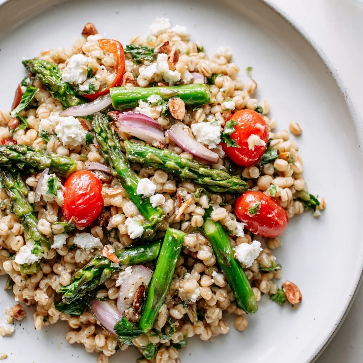 Warm barley and roasted asparagus salad topped with crumbled feta and toasted almonds on a white platter