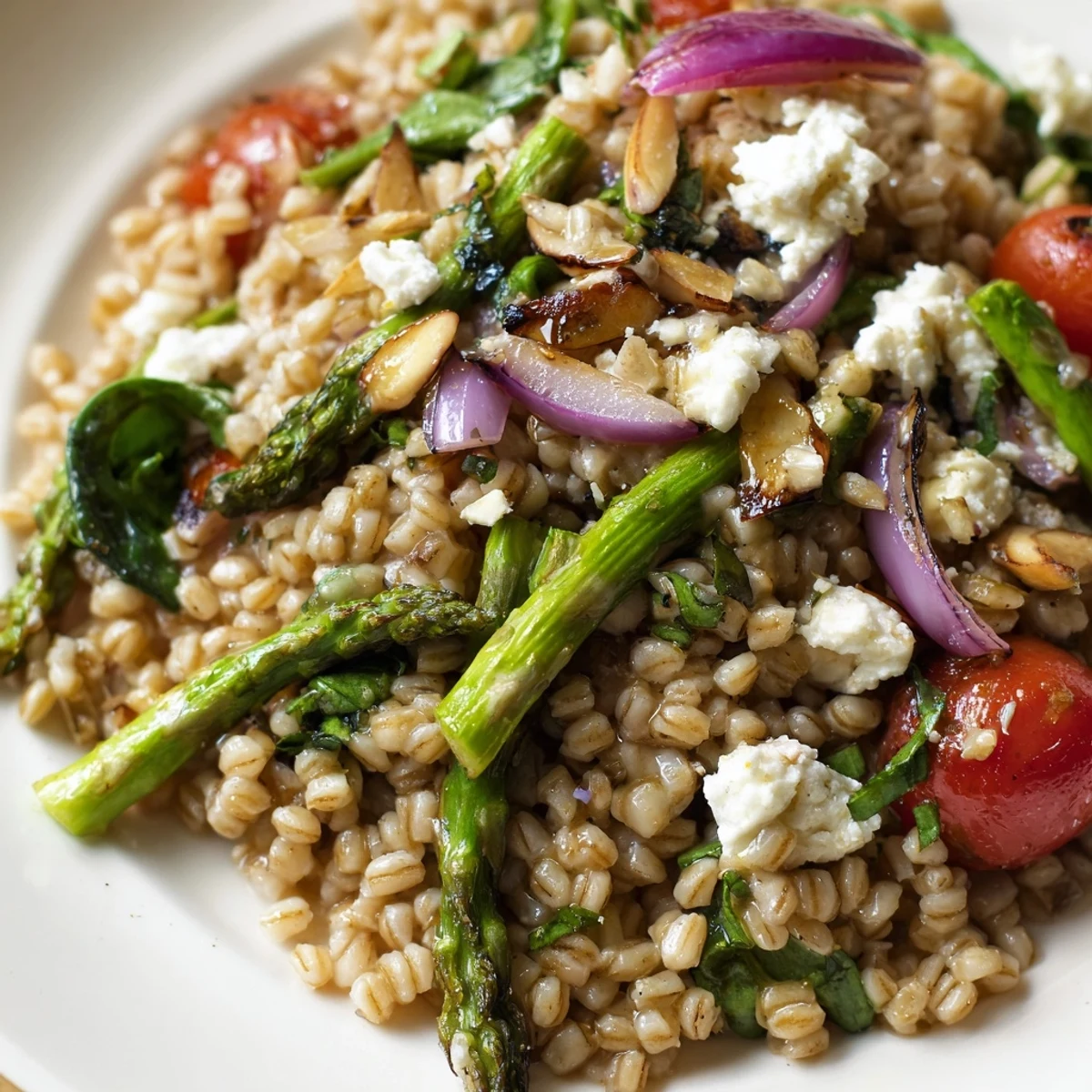 Nutty warm barley and roasted asparagus salad glistening with bright lemon vinaigrette in a rustic bowl