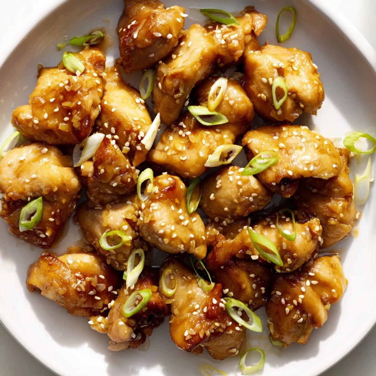 Golden ginger honey glazed chicken skillet garnished with sesame seeds and green onions
