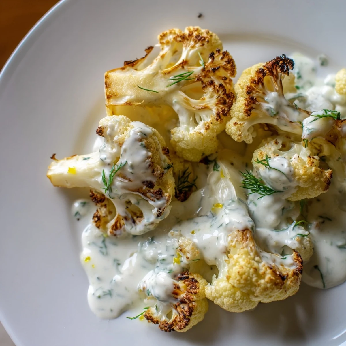 Golden roasted cauliflower with lemon dill sauce drizzled over crispy tender florets on a white platter