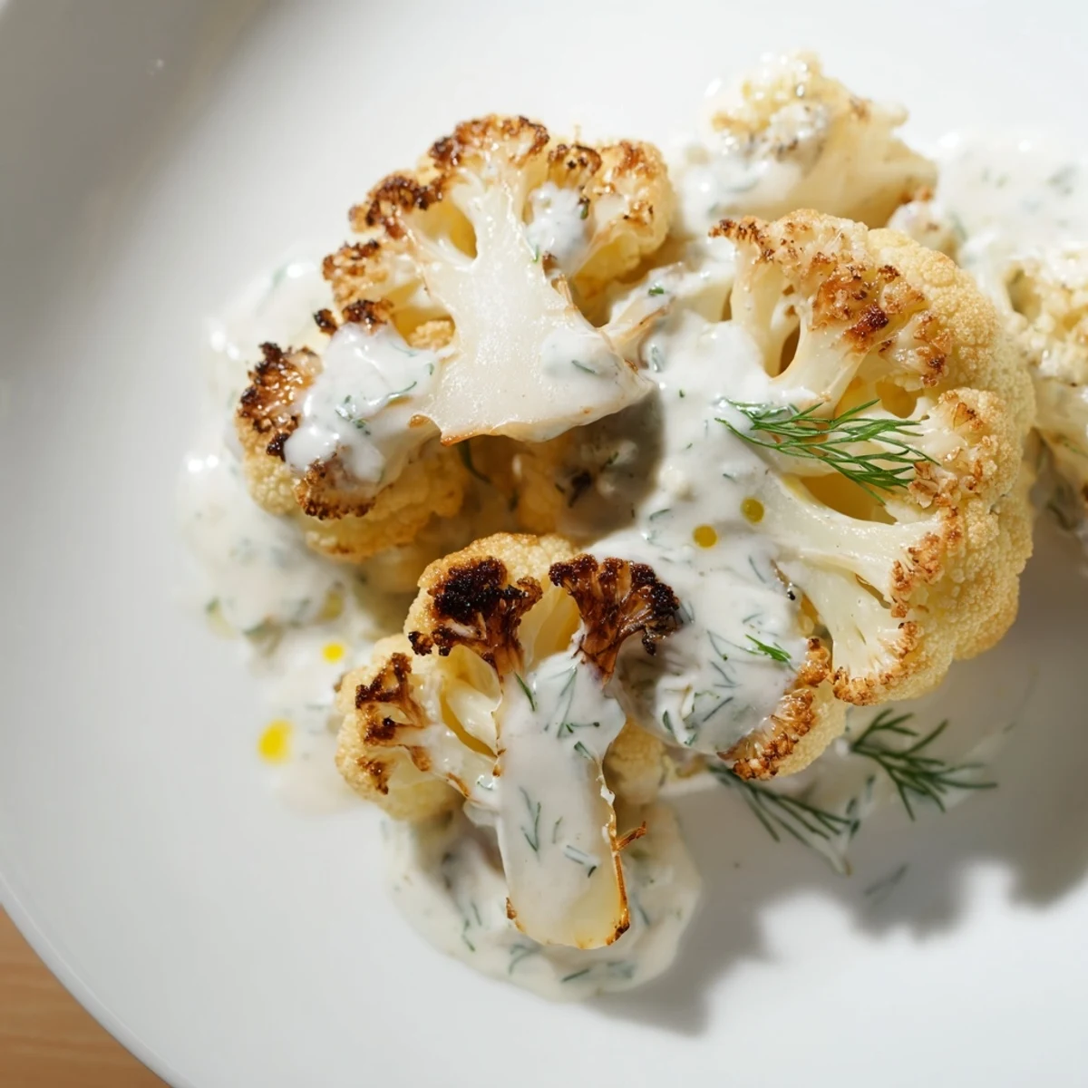 Roasted cauliflower with lemon dill sauce served alongside creamy herb dipping sauce for a Mediterranean side dish