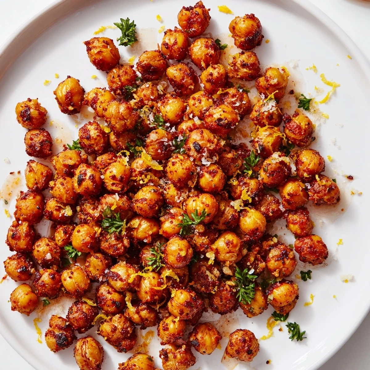 Spicy crispy chili garlic chickpea bites garnished with fresh parsley and served warm