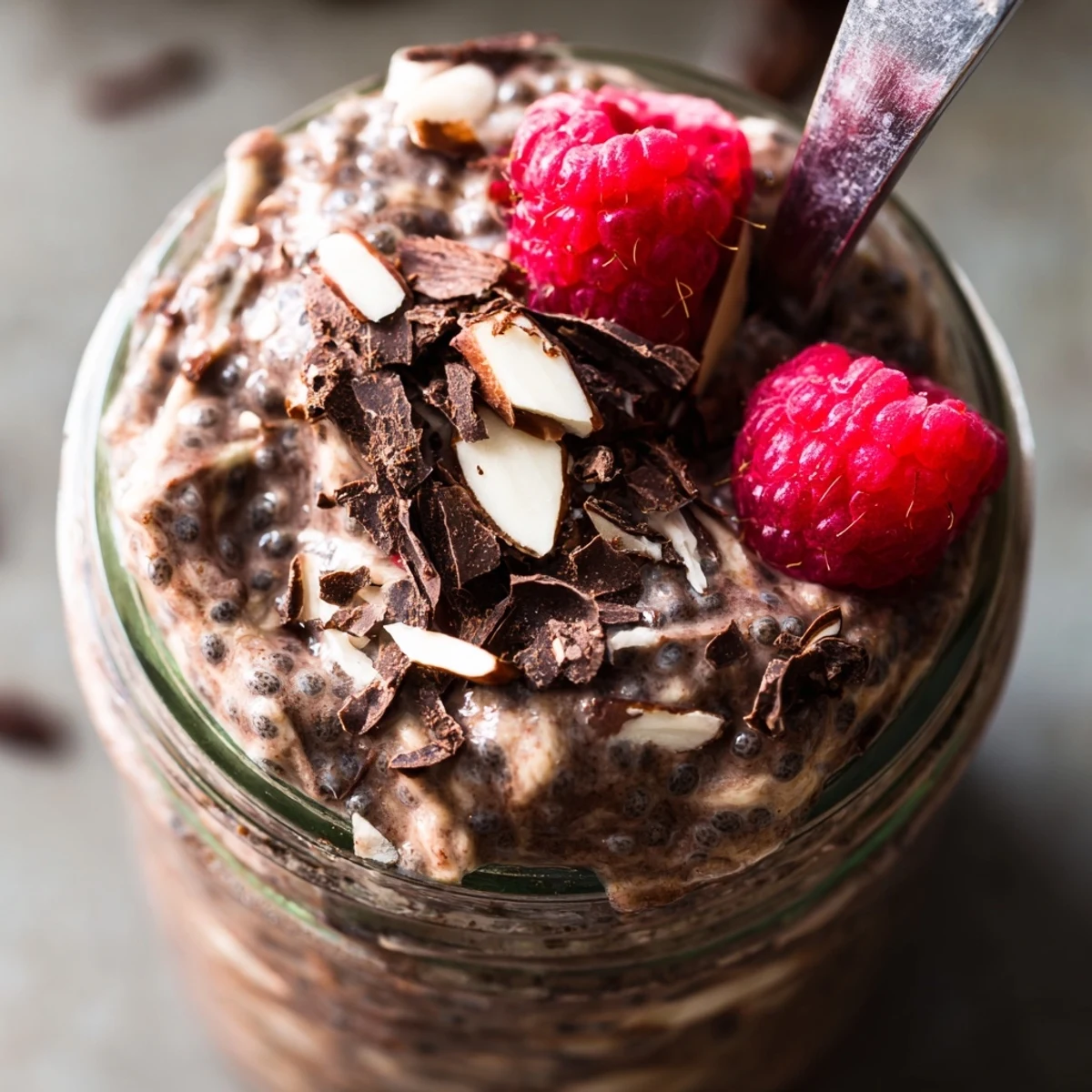 Cocoa Almond Butter Chia Delight served chilled with dark chocolate shavings and raspberries