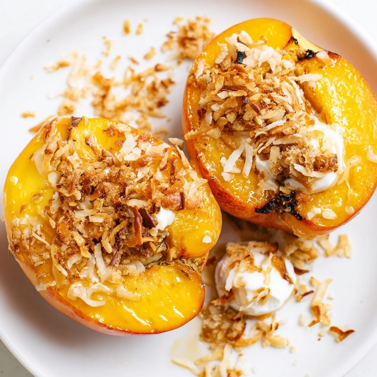 Golden baked nectarines topped with toasted coconut and vanilla drizzle on white plate