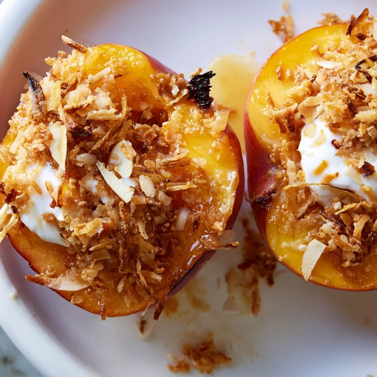 Warm vanilla coconut baked nectarines with caramelized edges served in rustic baking dish