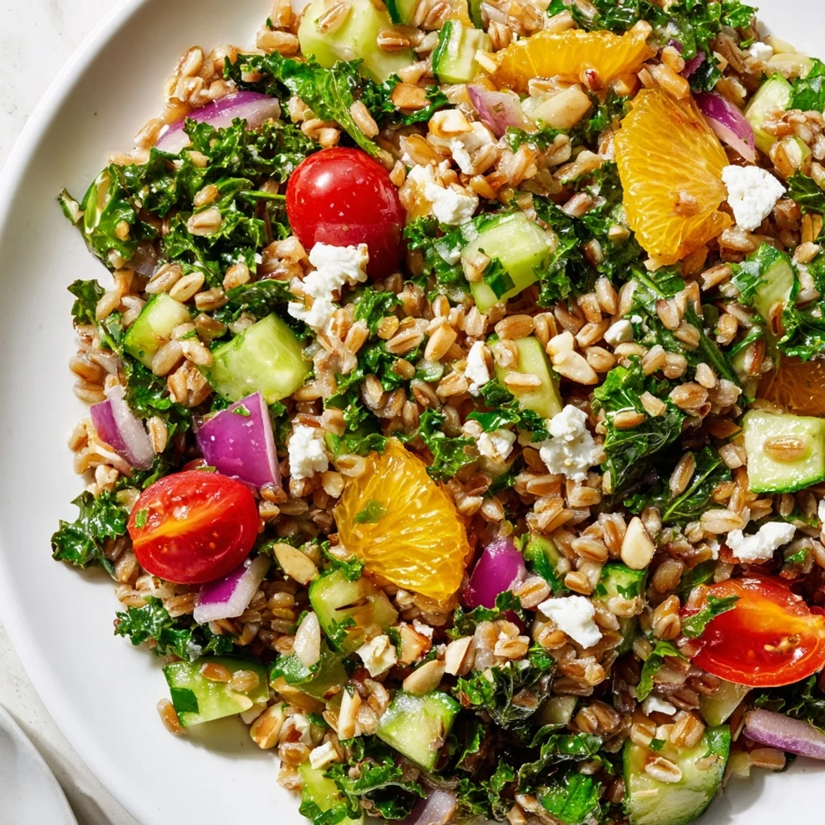 A bright citrus herb farro and kale bowl topped with crumbled feta and toasted almonds
