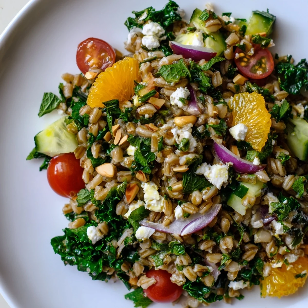 Citrus herb farro and kale bowl glistening with tangy lemon honey dressing and fresh mint