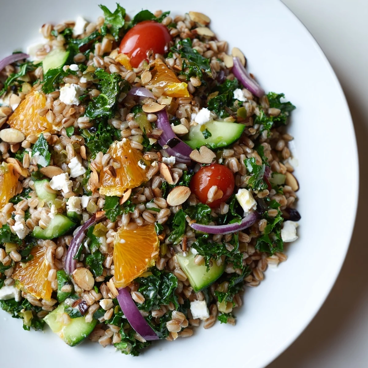 Colorful citrus herb farro and kale bowl with cherry tomatoes orange segments and crisp greens