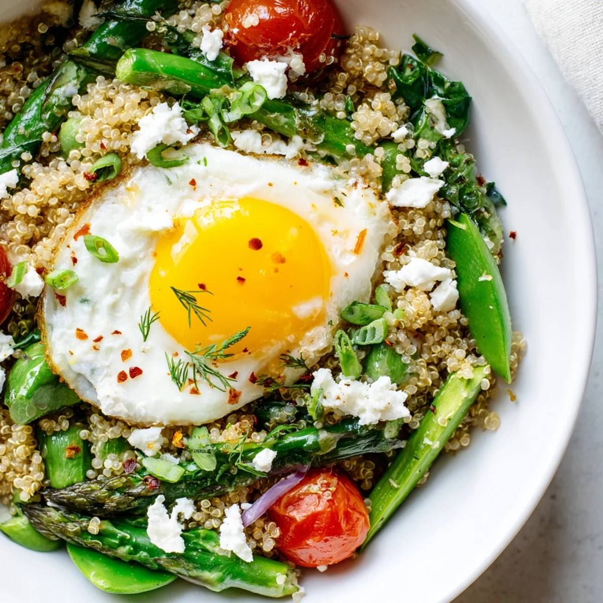 Colorful spring vegetable quinoa breakfast bowl topped with a perfectly runny egg