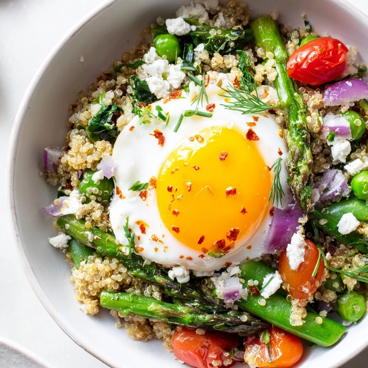Bright spring vegetable quinoa breakfast bowl garnished with fresh herbs and cracked pepper