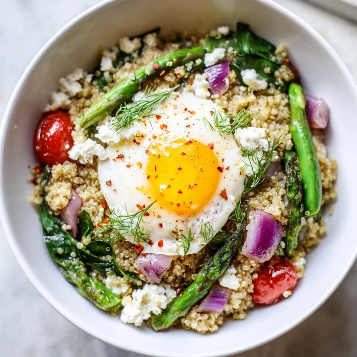 Fluffy quinoa breakfast bowl loaded with sautéed asparagus, snap peas, and feta