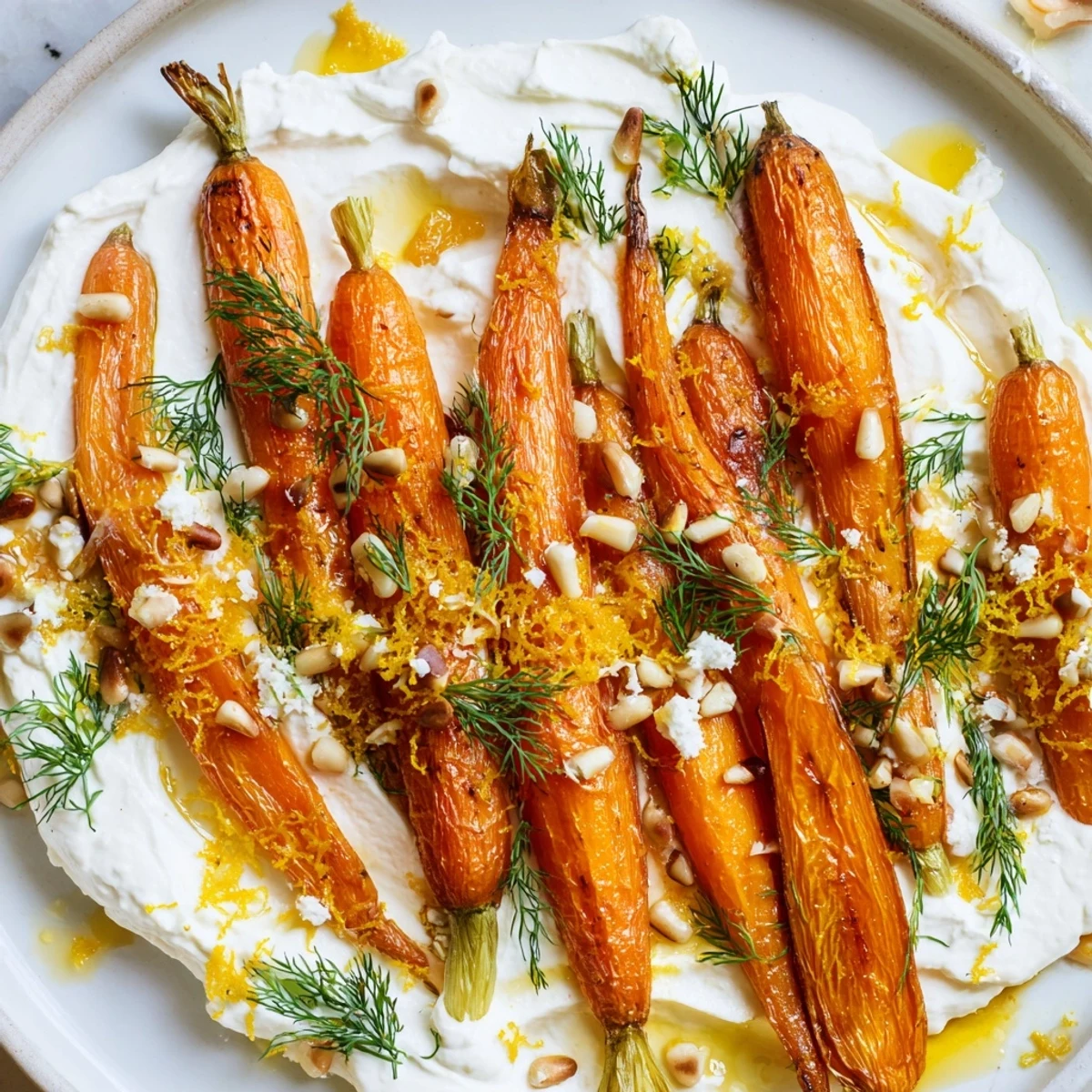 Roasted carrots with whipped feta nestled on a rustic white serving platter