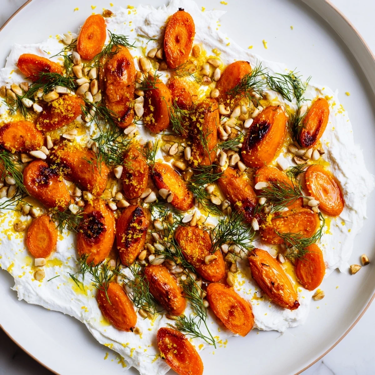 Golden caramelized roasted carrots with whipped feta topped with fresh herbs