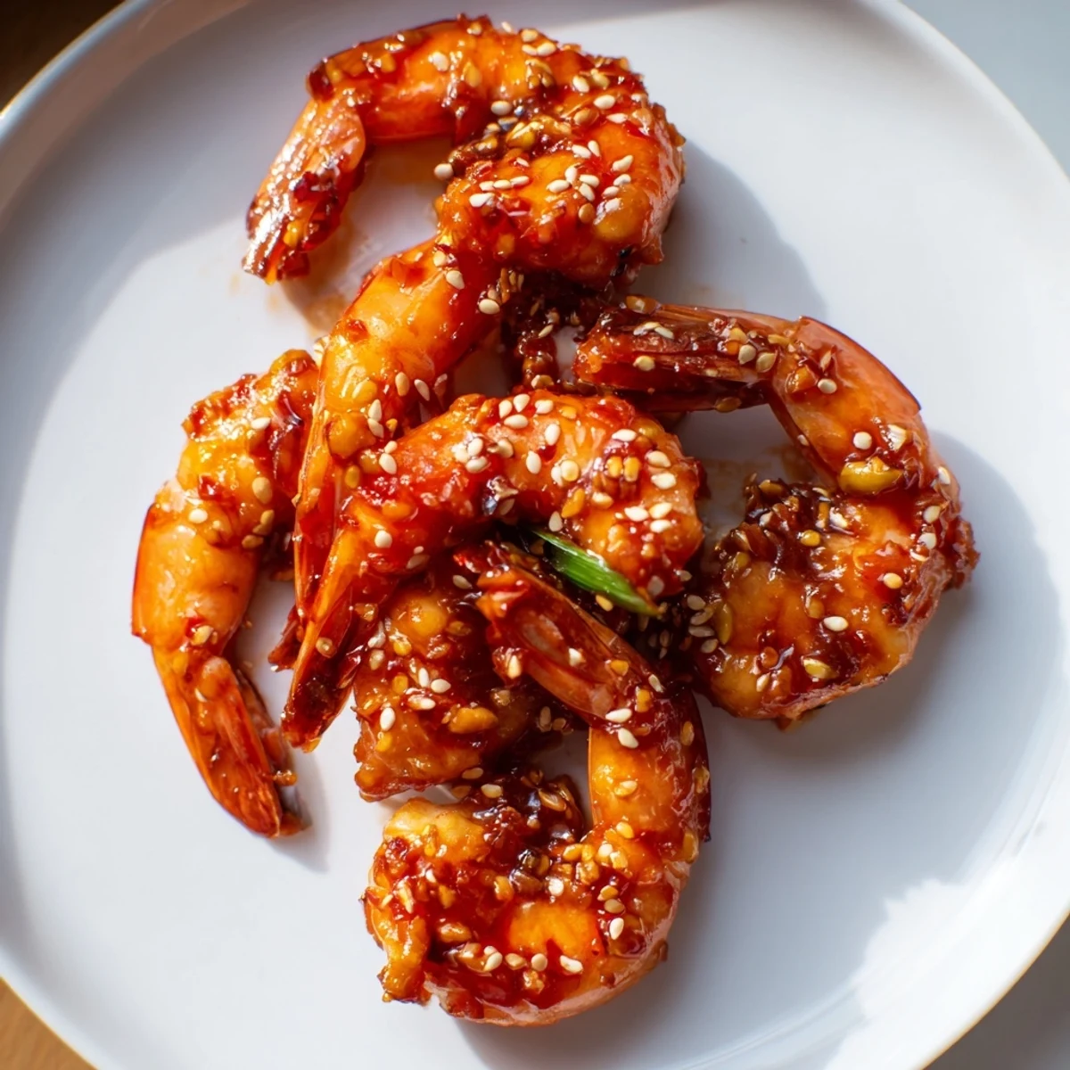 Plump chili crisp honey glazed shrimp sizzling in a glossy sweet and spicy glaze