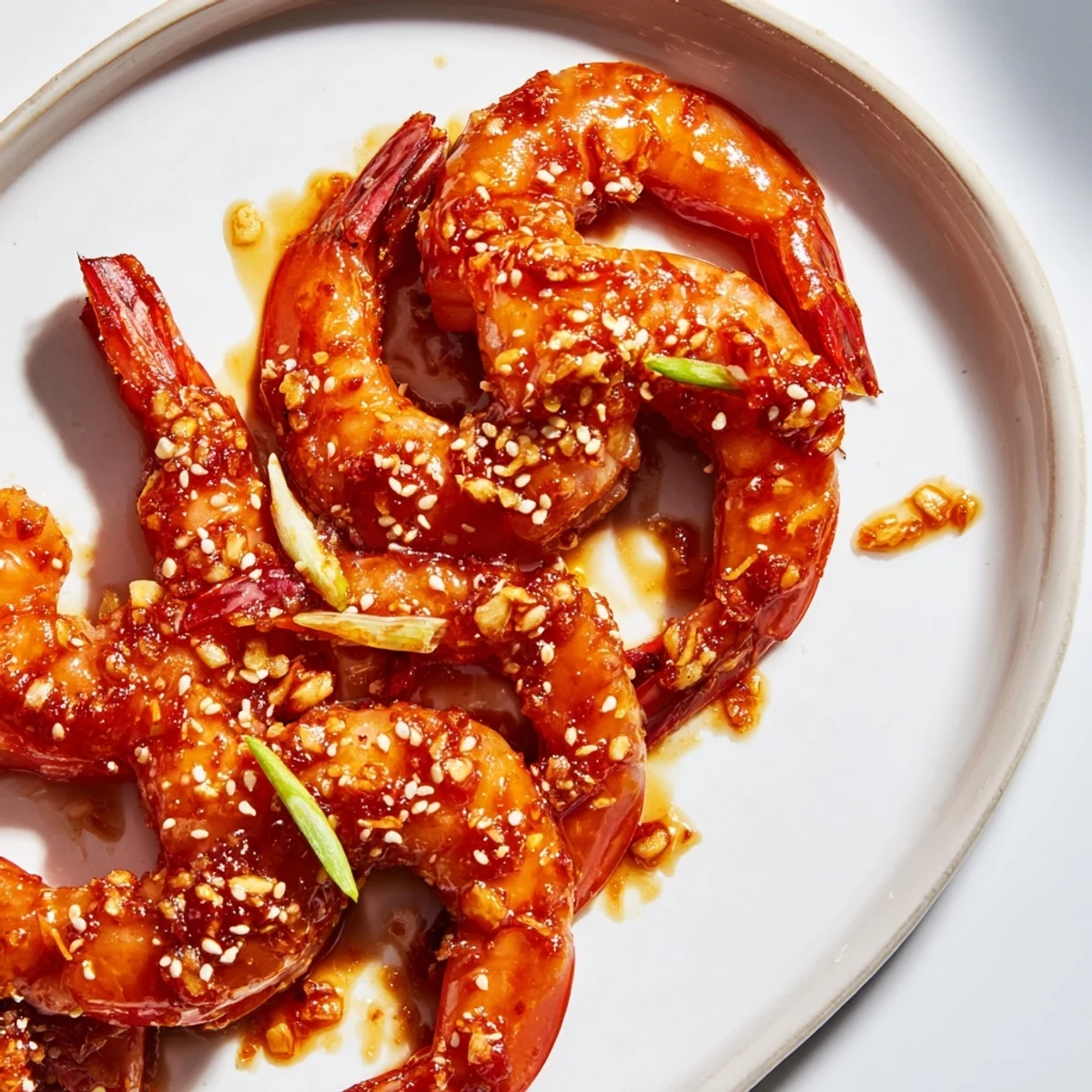 Chili crisp honey glazed shrimp glistening with sticky caramelized sauce and sesame seeds