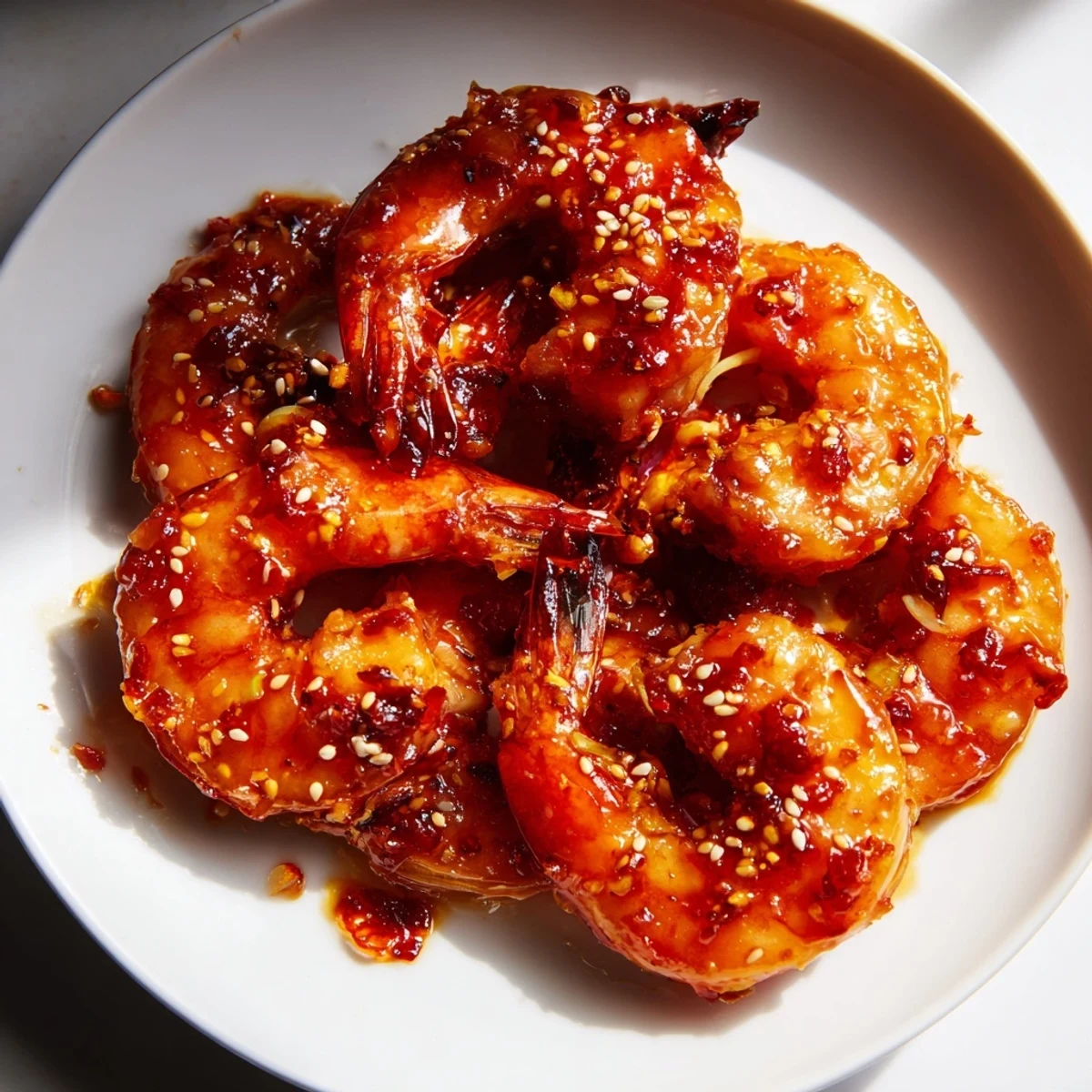 Golden chili crisp honey glazed shrimp garnished with scallions on a warm serving platter