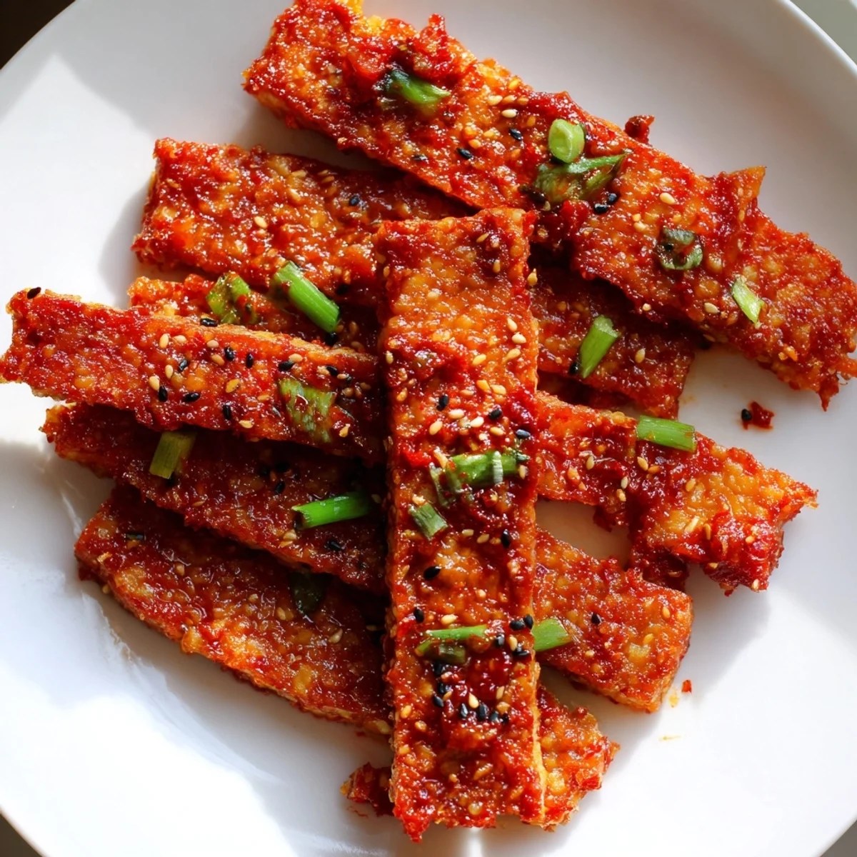 Crispy garlic chili tempeh strips garnished with scallions and sesame seeds in skillet