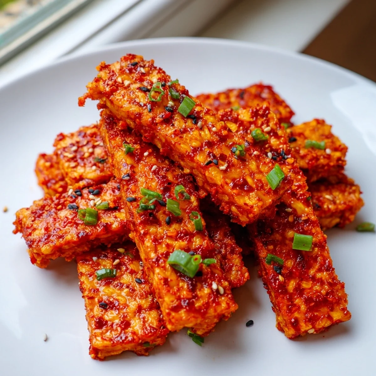Golden crispy garlic chili tempeh strips glistening with spicy sauce on a white plate