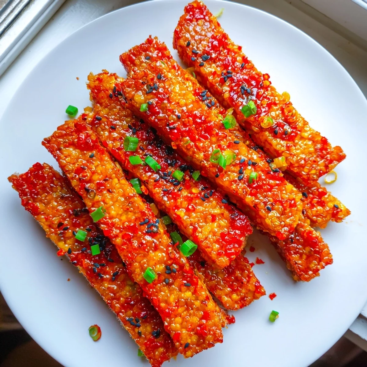 Close-up of crispy garlic chili tempeh strips draped in sticky red chili glaze