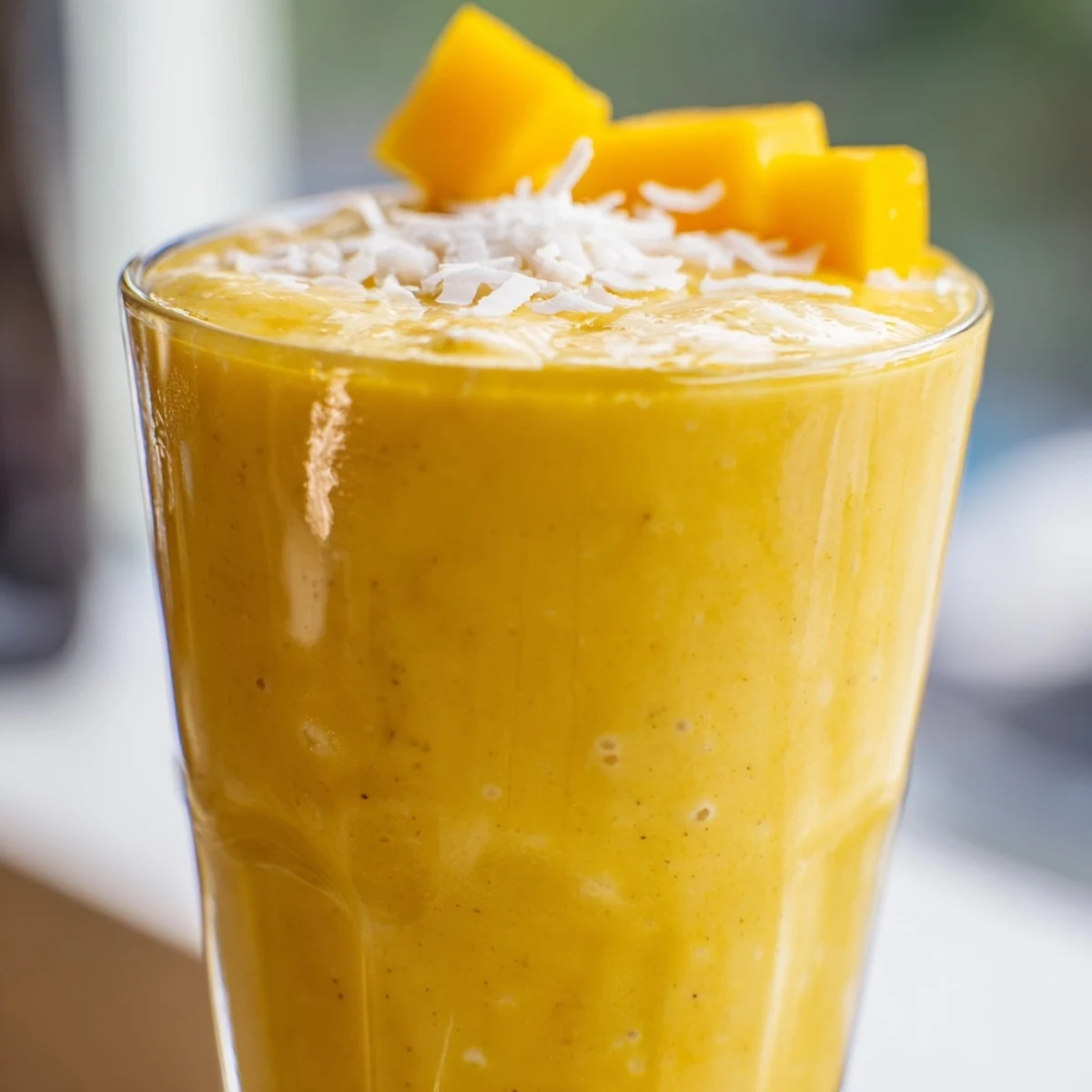 Creamy pineapple mango coconut smoothie topped with shredded coconut in a glass